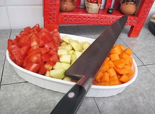 Picadillo Tomatoes Apple Carrots Knife